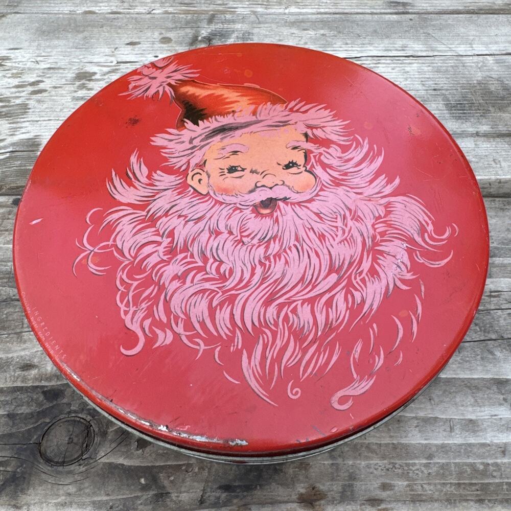 Vintage Mrs. Steven’s Homemade Candies Tin Santa Claus Christmas Round Tin